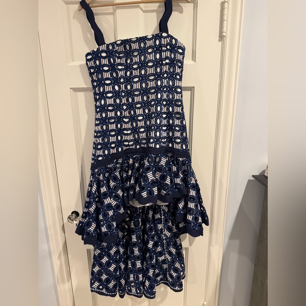 Alexis Navy and White Asymmetrical Dress with Embroidery